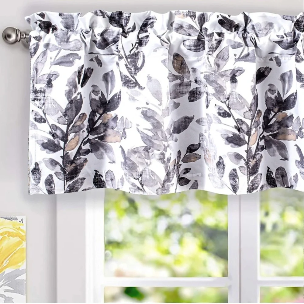 Luxury Home | Chic Farmhouse Grey & White Heathered Leaf Print Window Valence